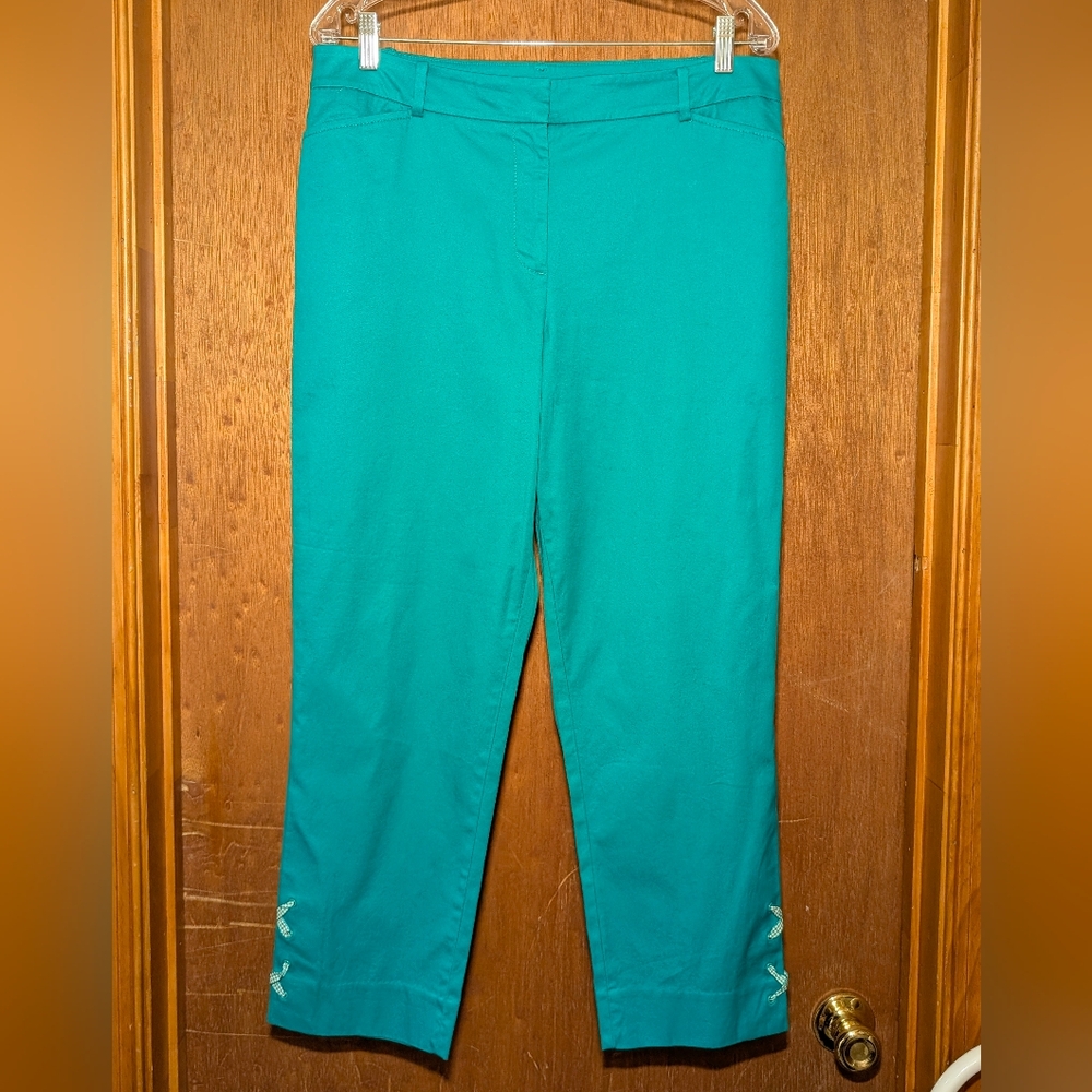 Talbots Size 10 Perfect Crop Teal Green Gingham Lace Hem Cropped Pants Summer